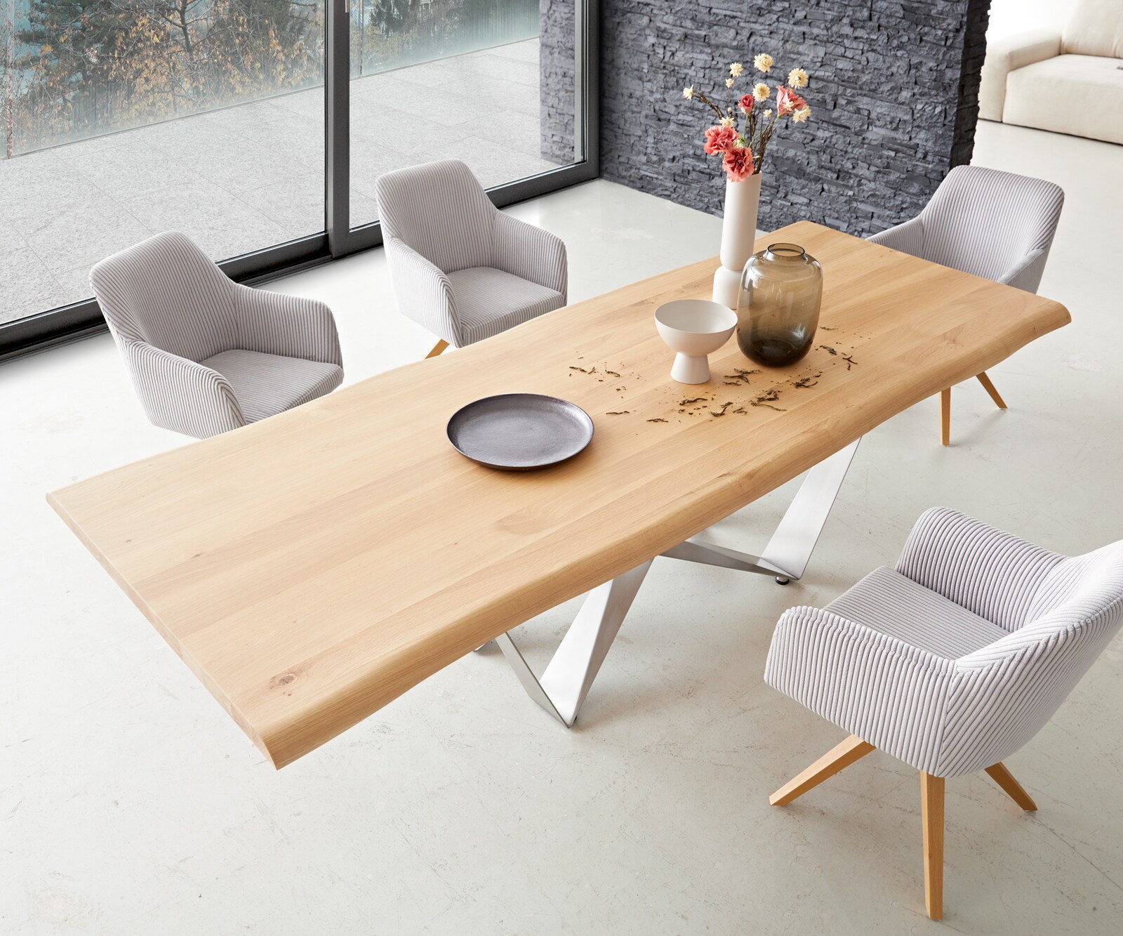 Table à manger Edge 260x100 chêne nature Spider acier plat acier inoxydable Live-Edge 3