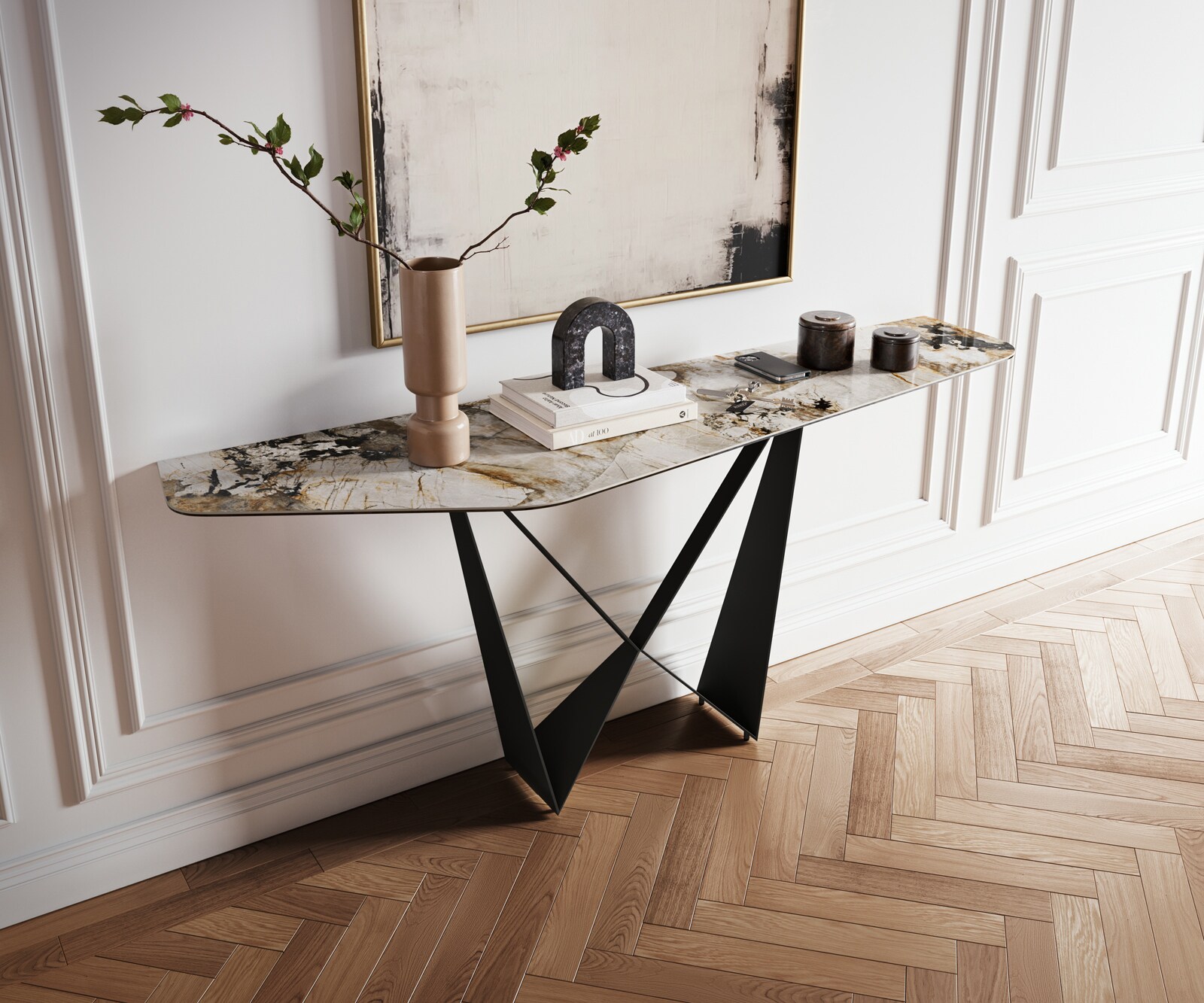 Console Edge Polygonal 180x50 cm Céramique Patagonia Poliert Spios Métal Noir 1