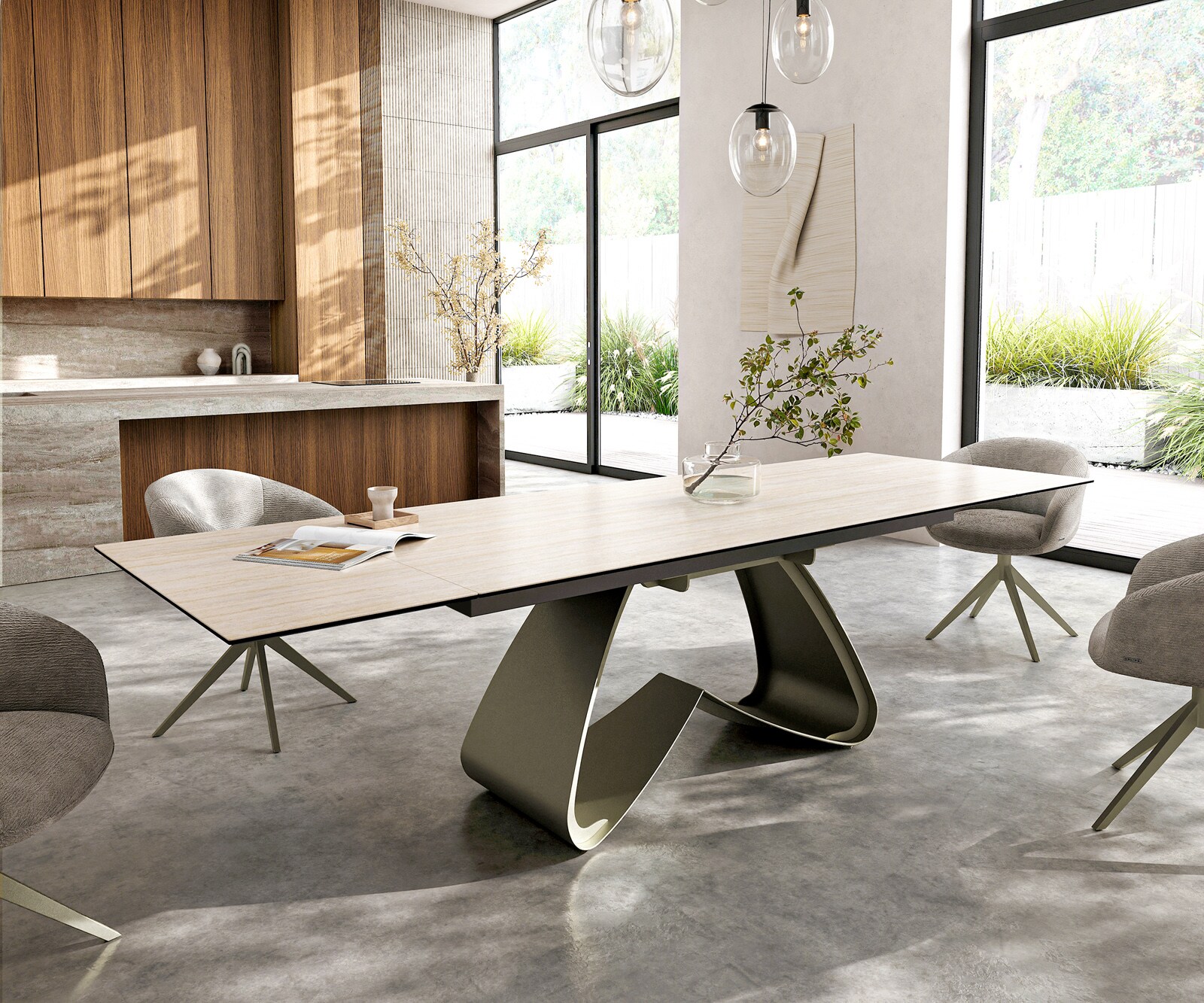 Table à manger Edge 200-300x100 céramique Laminam® Travertino Bianco crème-blanc cadre en W effet finition titanee extensible
