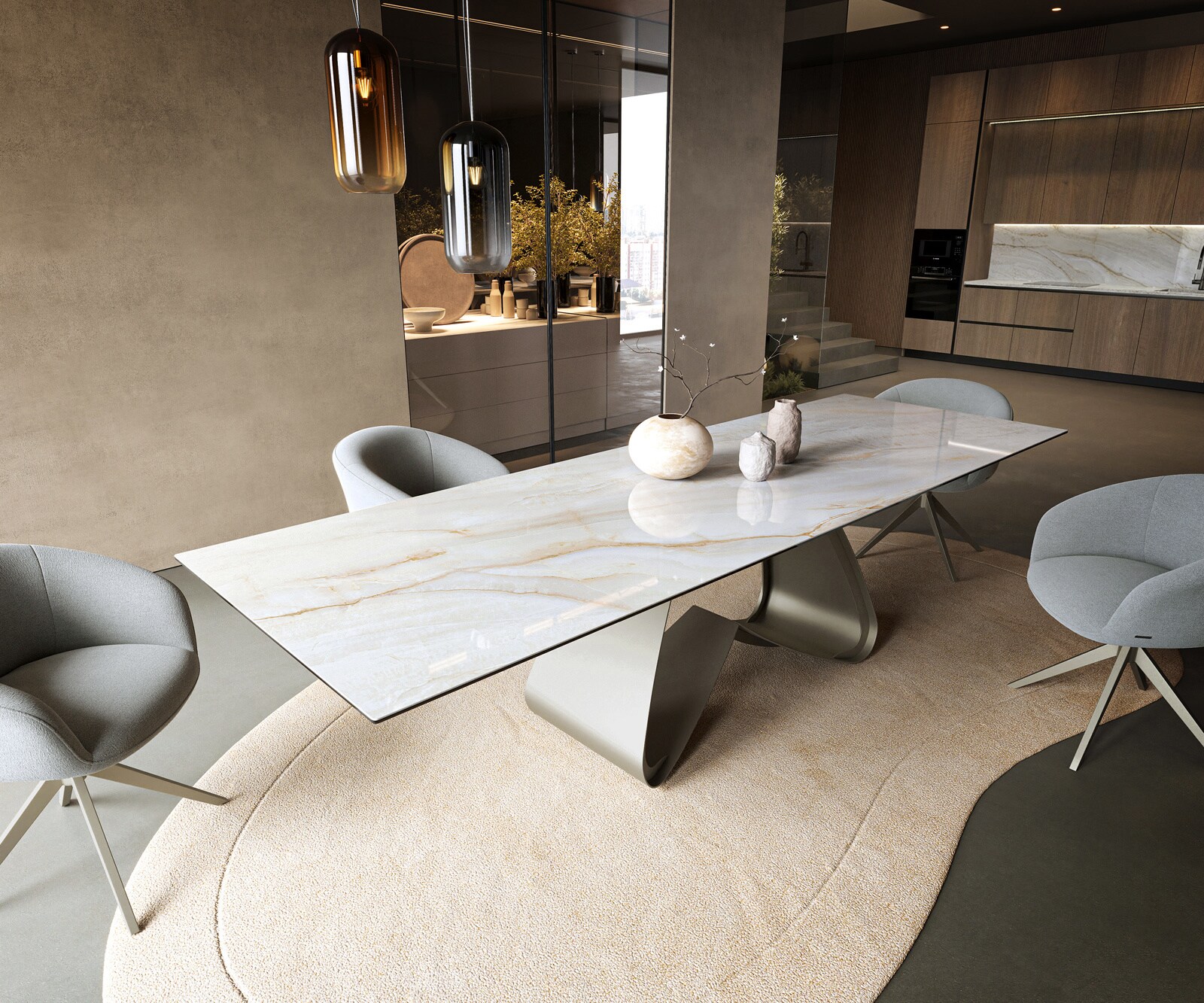 Table à manger Edge 300x100 cm céramique Onyx Pearl piètement en W métal finition effet titane