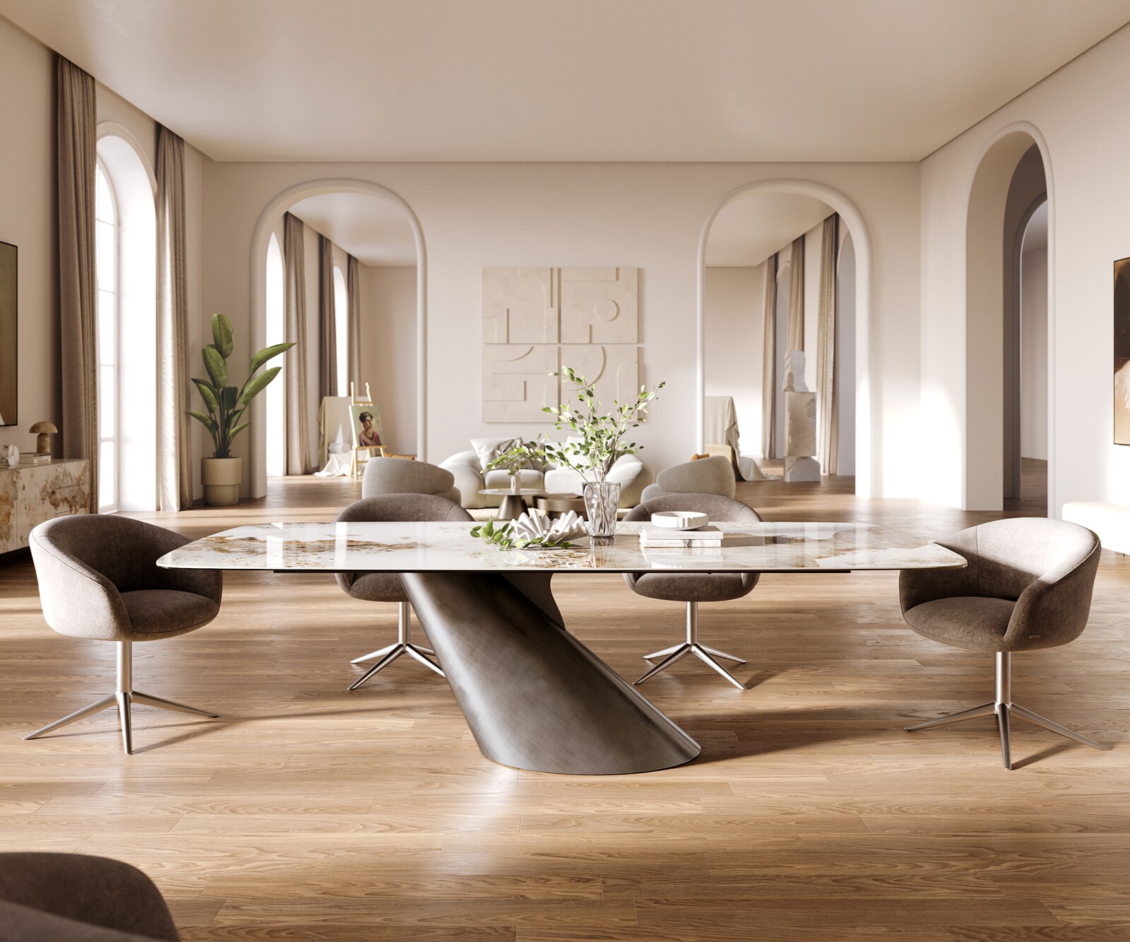 Table à manger Edge Boot 260x120 cm Céramique Minas Melange Blanc-Beige Cono Métalic Argent 2