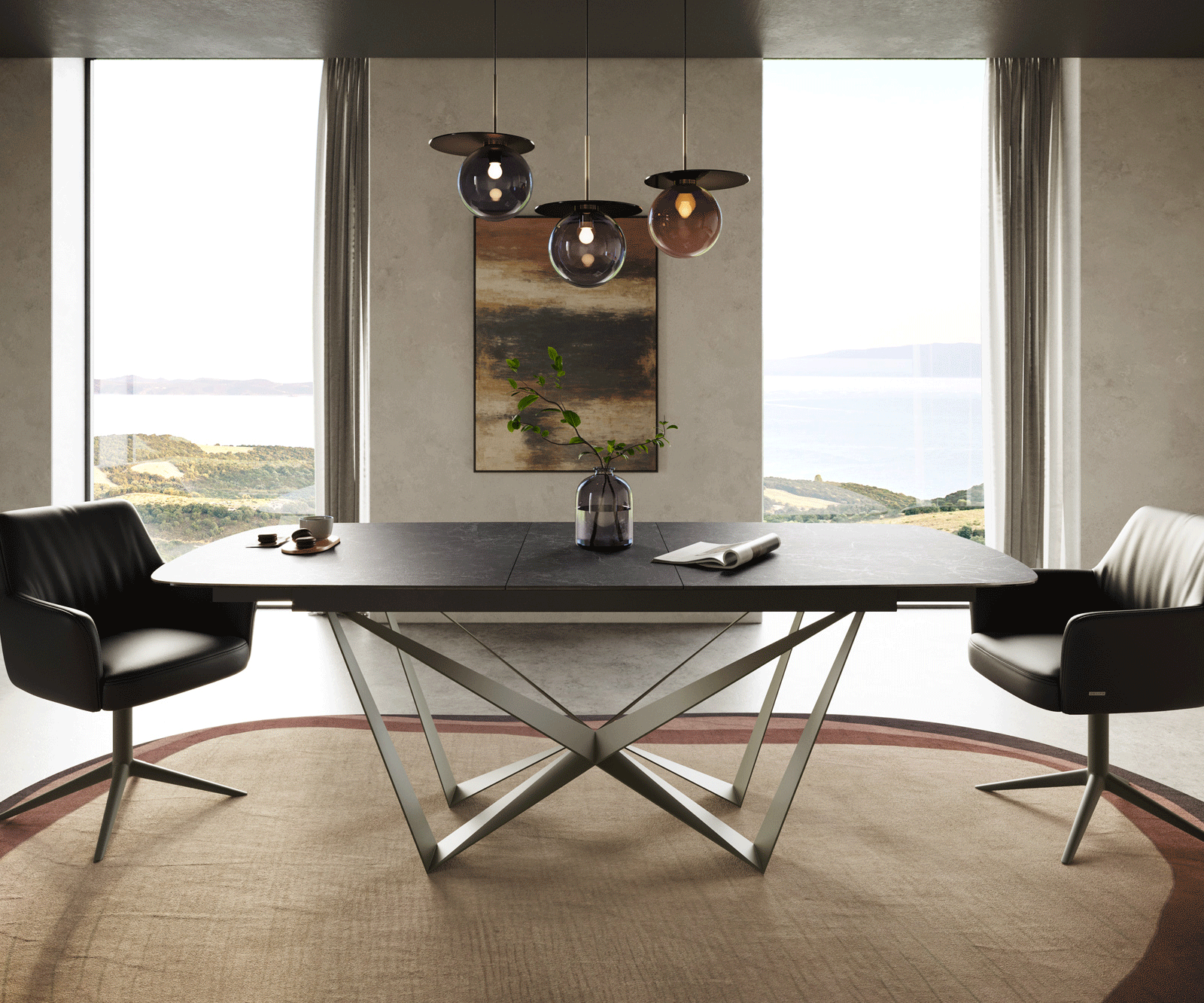 Table à manger Edge Boot 180-220x100 cm Céramique Laminam® Nero Greco Anthracite Spider Métal Finition effet Titan extensible 2