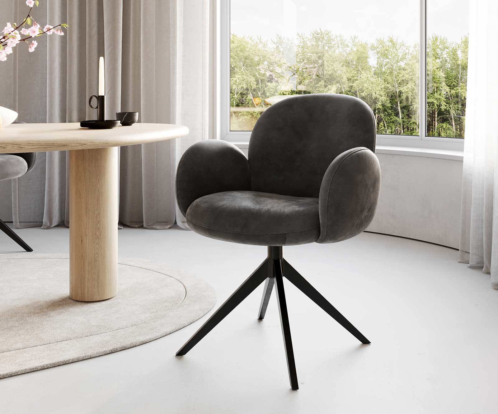 Chaise-pivotante Nube-Flex avec accoudoirs microvelours anthracite vintage pied croisé large noir pivotement sur 360° ressorts ensachés