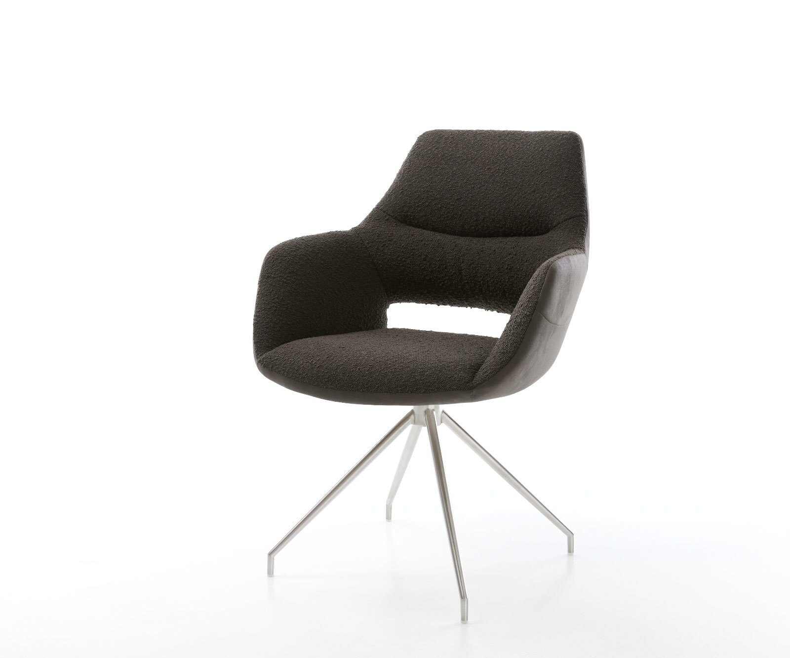 Chaise-pivotante Yago-Flex avec accoudoirs tissu mixte noir pied croisé conique acier inoxydable brossé pivotement sur 180° ressorts ensachés