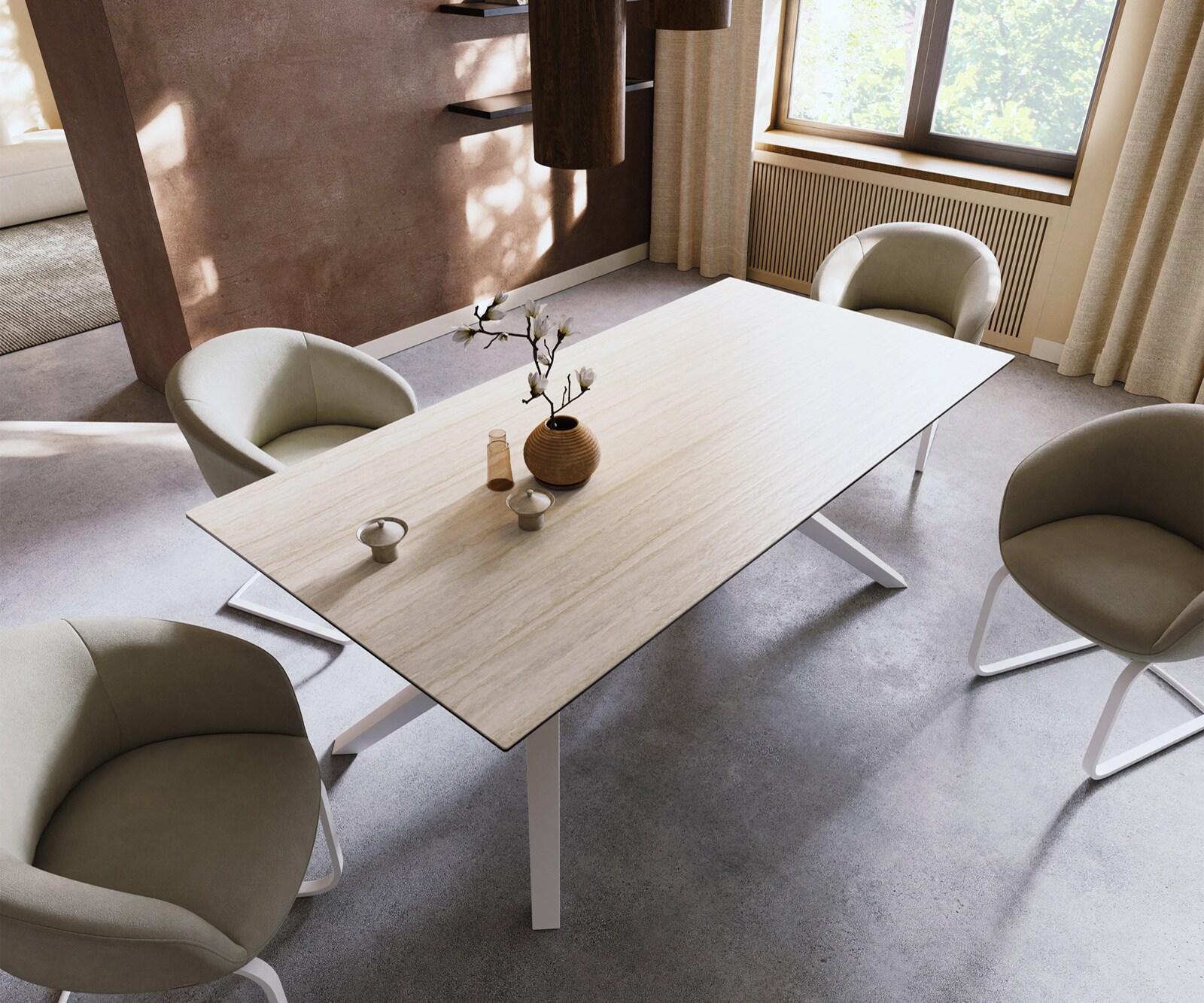 Table à manger Edge 200x100 céramique Laminam® Travertino Bianco crème-blanc Zenthara Angulaire métal blanc 4