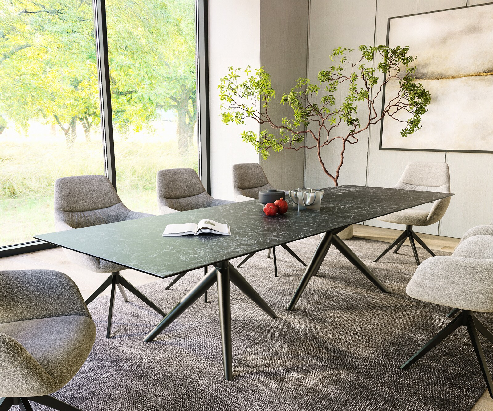 Table à manger Edge 300x100 Céramique Laminam®Nero Greco Anthracite Estelar rond Métal Noir