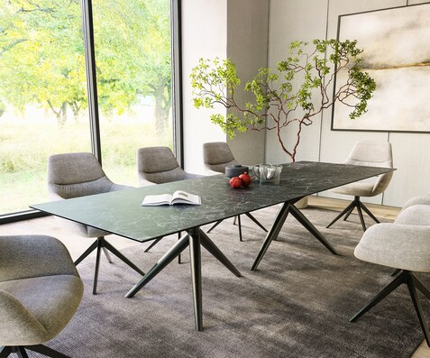 Table à manger Edge 300x100 Céramique Laminam®Nero Greco Anthracite Estelar rond Métal Noir
