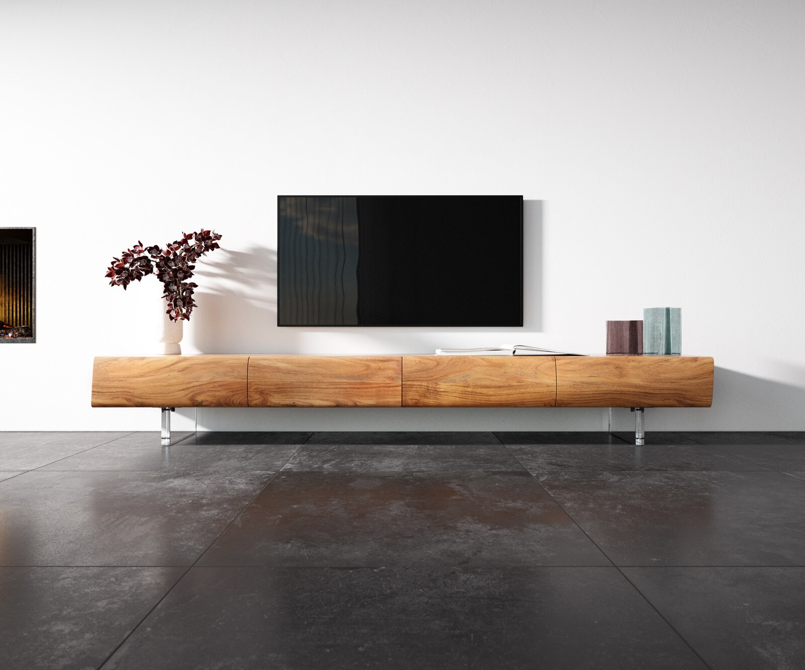 Meuble -TV New Live-Edge 240 cm acacia naturel 4 tiroirs pied acrylique 3