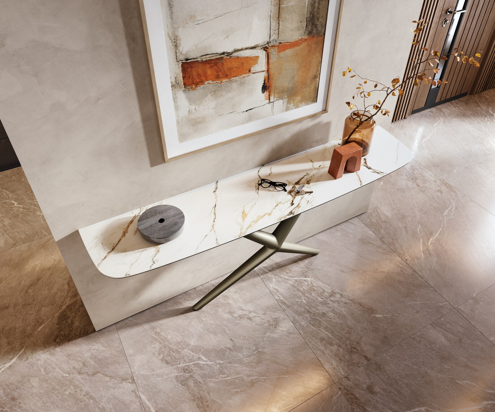 Console Edge forme bateau 180x40 cm Céramique Calacatta Luxe Weiß-Gold-Gris Estelo Métal Effektfinish Titan 2