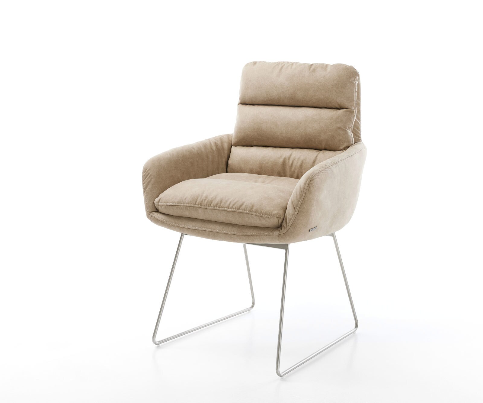 Chaise-de-salle-à-manger Abelia-Flex avec accoudoirs microvelours beige vintage pied trapèze acier inoxydable brossé