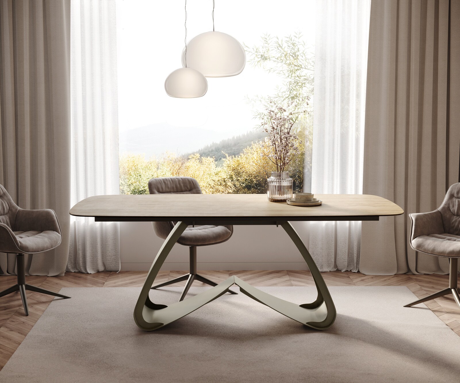 Table à manger Edge Boot 200x100 céramique Laminam® Sabbia chêne coloré cadre en W métal effet finition titanee 2