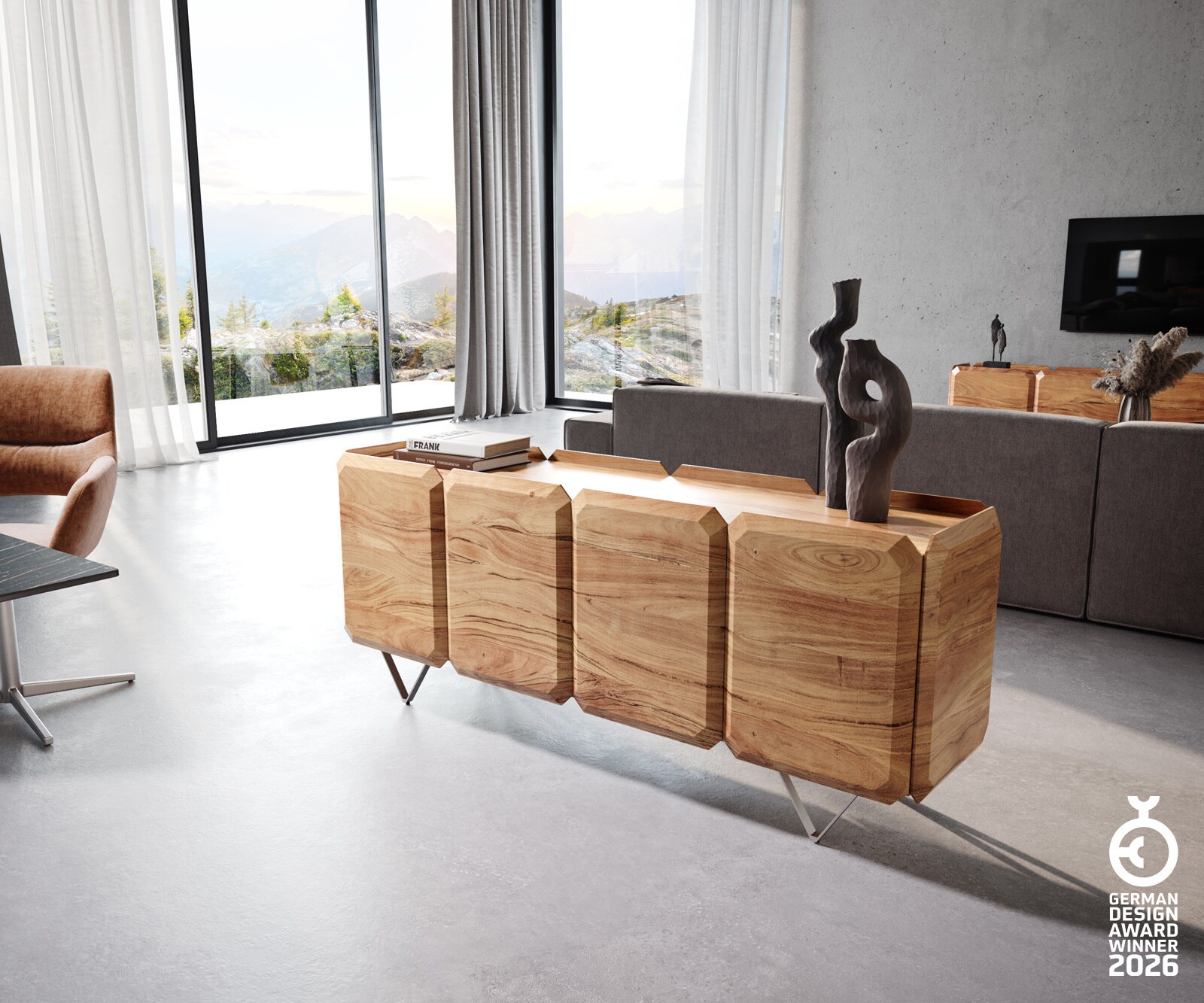 Buffet Kiano 175 cm Acacia Nature 4 Portes Pied en V Acier inoxydable Séparateur de pièce