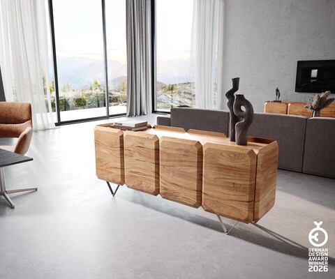 Buffet Kiano 175 cm Acacia Nature 4 Portes Pied en V Acier inoxydable Séparateur de pièce