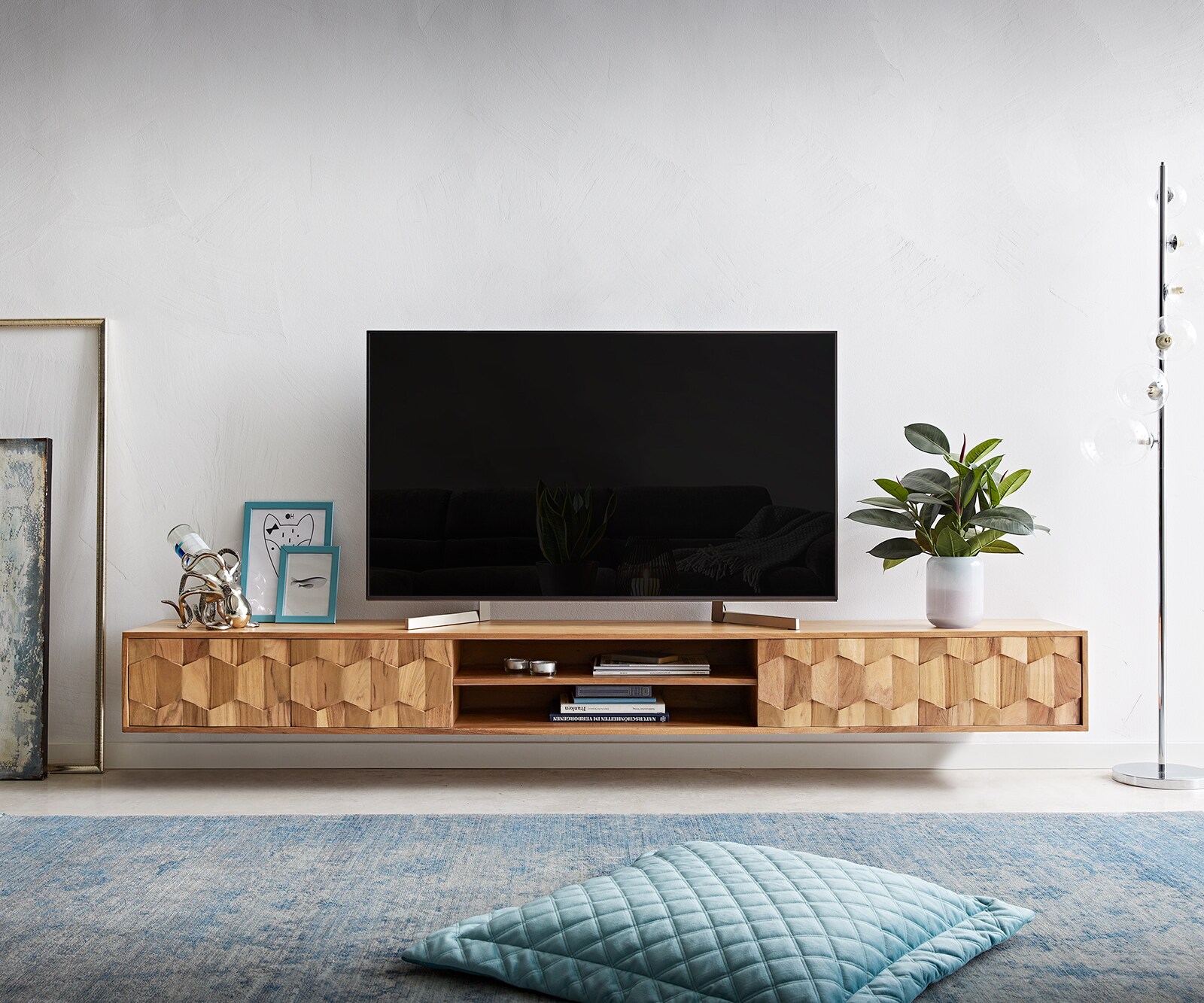 Meuble-TV  Fevo 240 cm acacia nature 4 portes flottant 1