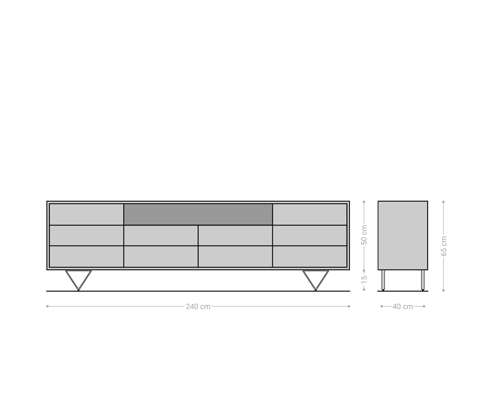 Buffet Eloi 240x40 cm acacia brun 2 portes 6 tiroirs pied en V noir 5