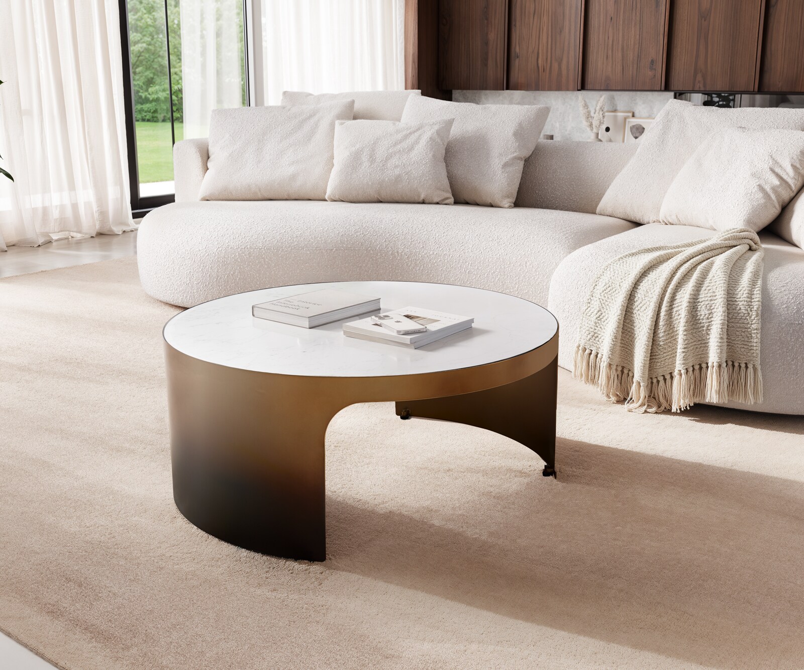 Table-basse Alerio 90 x 90 cm, marbre blanc, métal doré, effet ombré