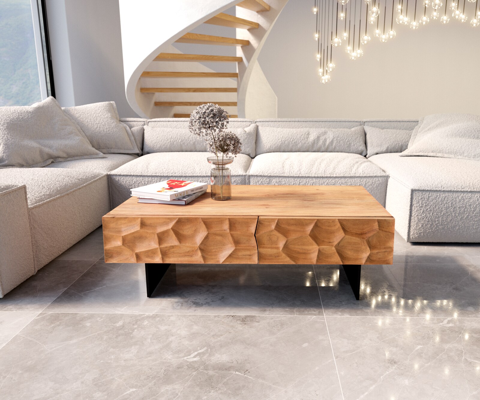 Table-basse Solu 120x70 cm acacia naturel 4 tiroirs pied flottant métal noir façade 3D 1