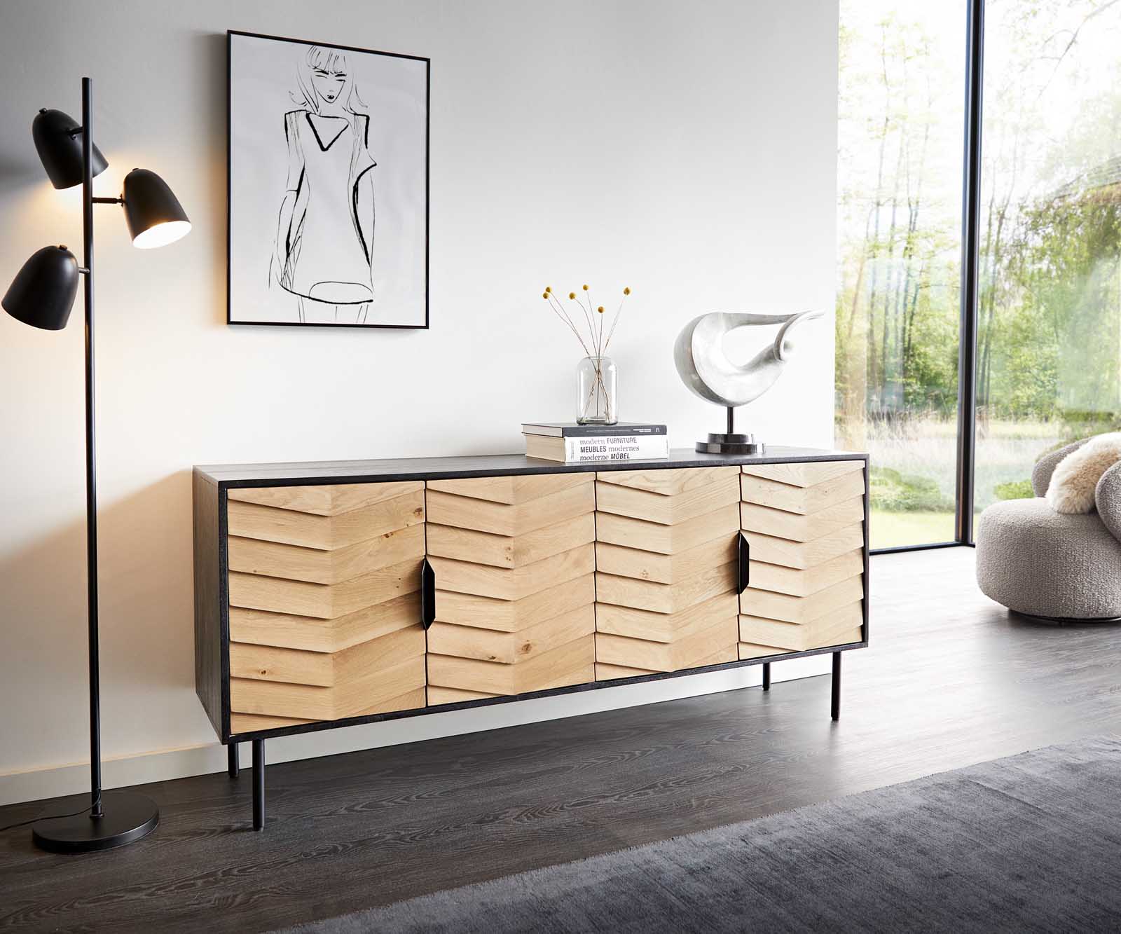 Buffet Muvi 175 cm chêne naturel manguier noir métal noir 4 portes Buffet Muvi 175 cm chêne naturel manguier noir métal noir 4 portes