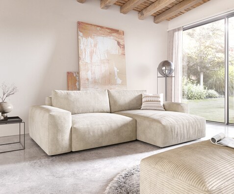 Canapé d'angle Lanzo XL 270x180 cm Velours côtelé Beige Recamière variable avec Tabouret
