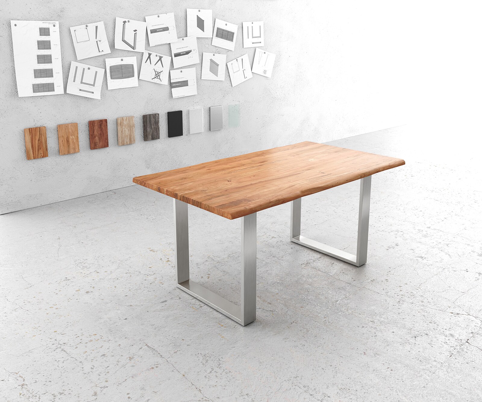 Table-à-manger Edge 160x90cm acacia nature acier inoxydable mince Live-Edge 1