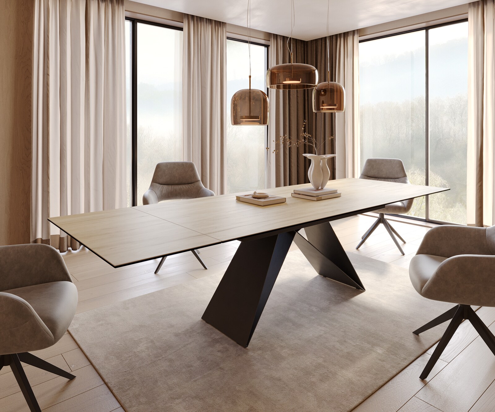 Table à manger Edge 200-300x100 céramique Laminam® Sabbia couleur chêne cadre en V acier plat noir extensible 5