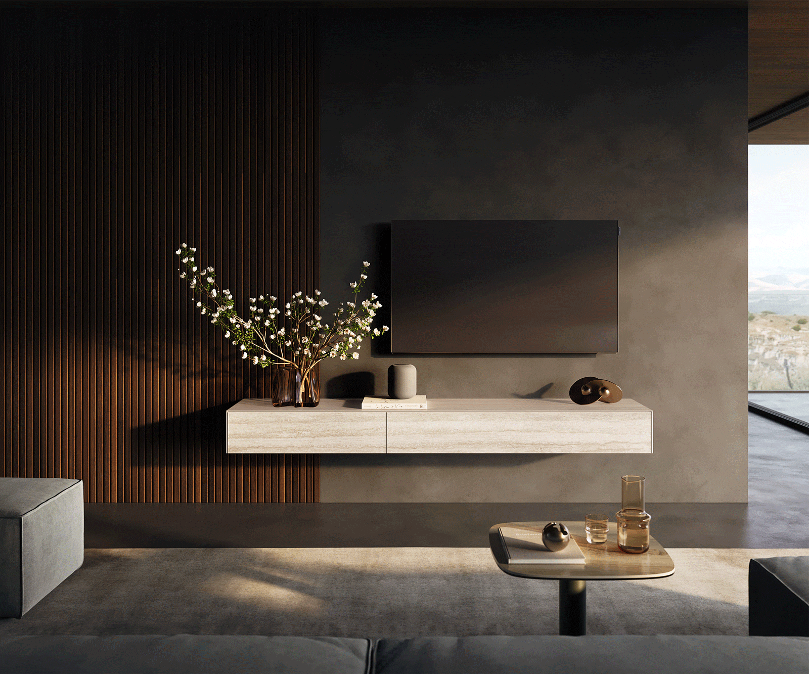 Meuble-TV Cuor 200 cm Céramique Laminam® Travertino Bianco Crème-blanc 1 Clapet 1 Tiroir Flottant 3 Meuble-TV Cuor 200 cm Céramique Laminam® Travertino Bianco Crème-blanc 1 Clapet 1 Tiroir Flottant 3