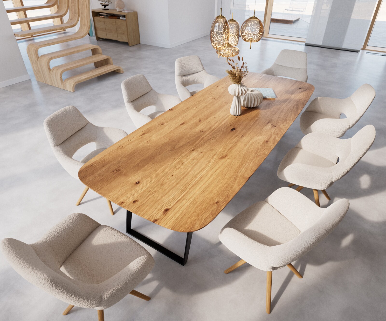 Table à manger Edge Boot 300x120x2,5-3 chêne nature métal inclinée noir bord suisse 3