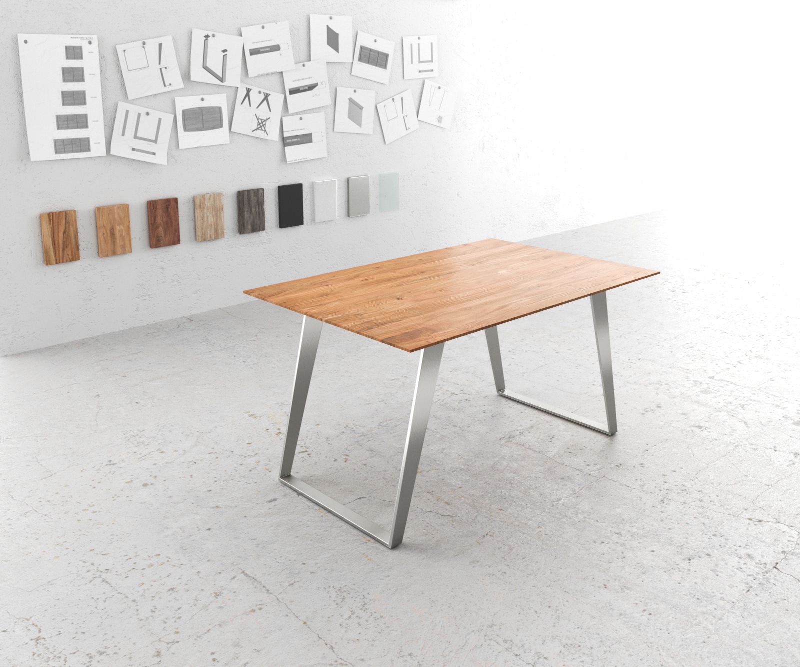 Table-à-manger Edge 140x90 acacia nature acier inoxydable incliné bord suisse Table-à-manger Edge 140x90 acacia nature acier inoxydable incliné bord suisse