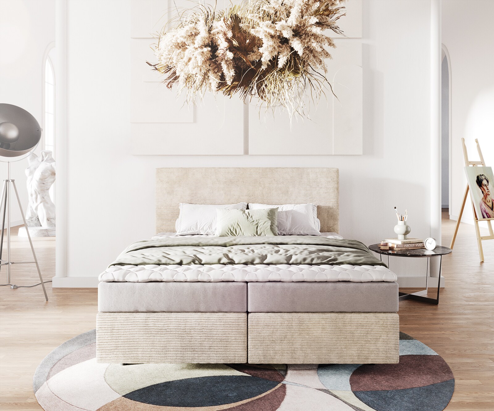 Lit-à-sommier-tapissier Dream-Well 160x200 cm Velours côtelé Beige avec matelas et surmatelas 1
