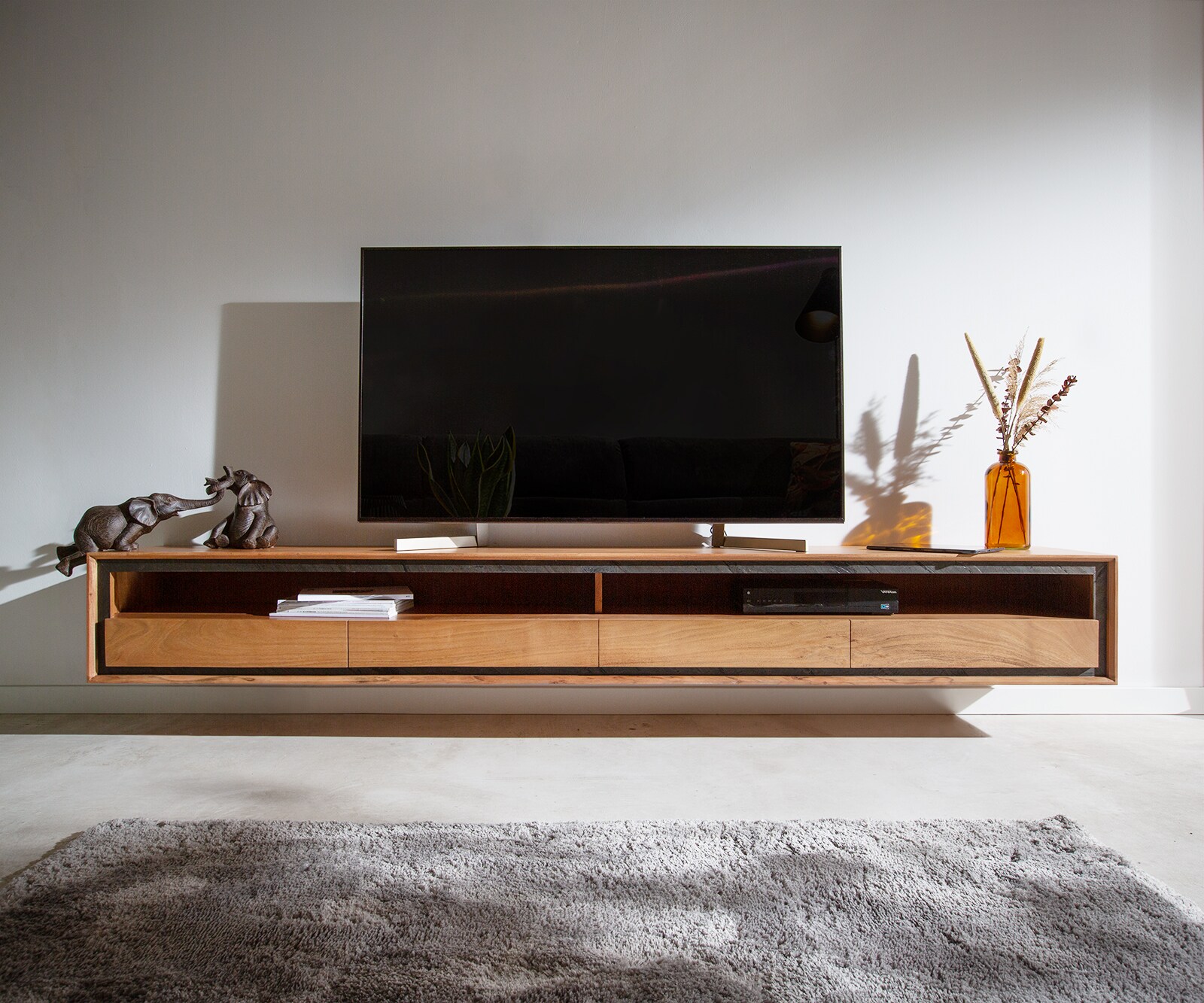 Buffet bas Stonegrace 240 cm acacia nature 2 compartiments 4 tiroirs placage en pierre flottant 1