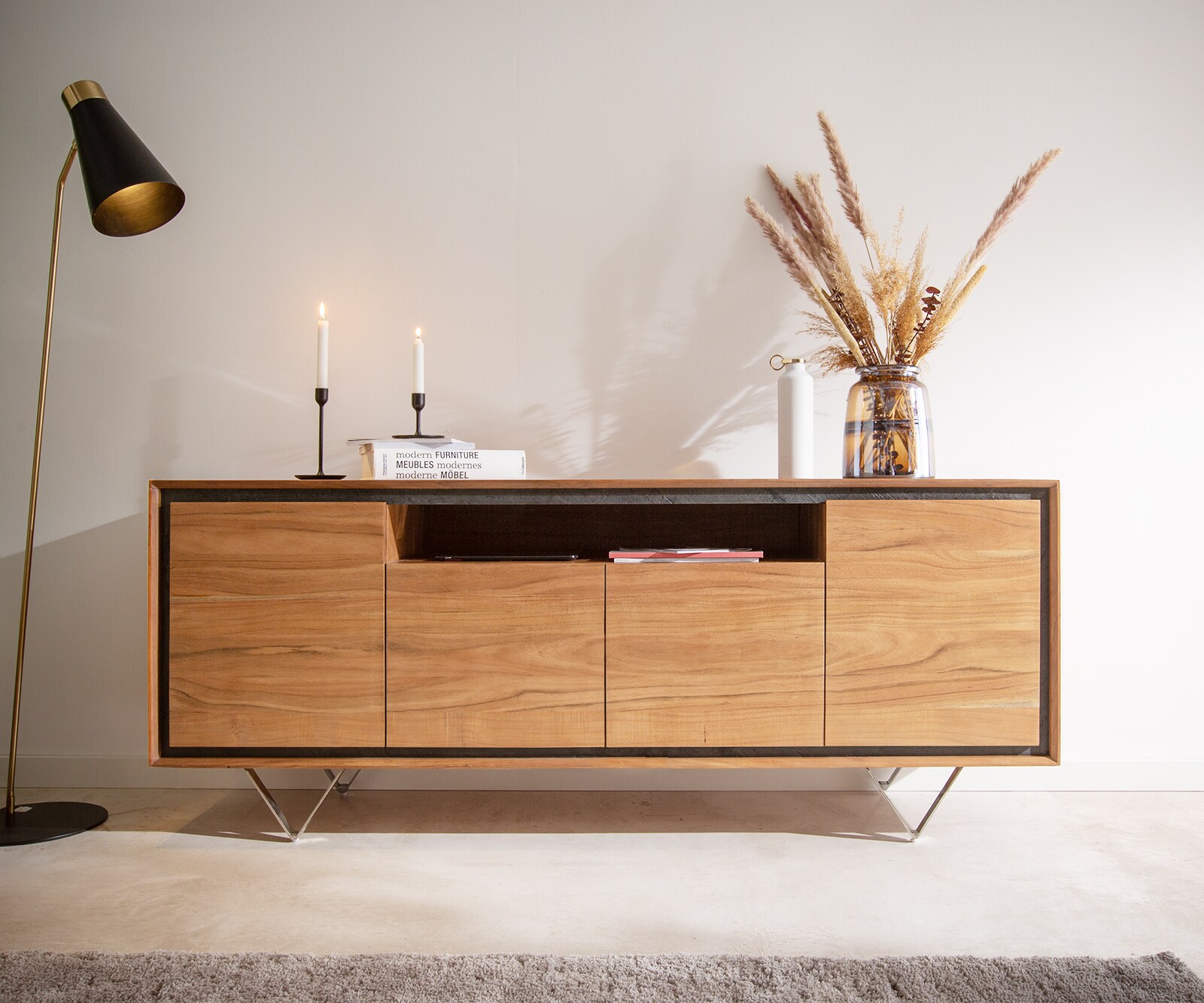 Buffet Stonegrace 175 cm acacia nature 4 portes 1 compartiment placage en pierre pieds en V 1