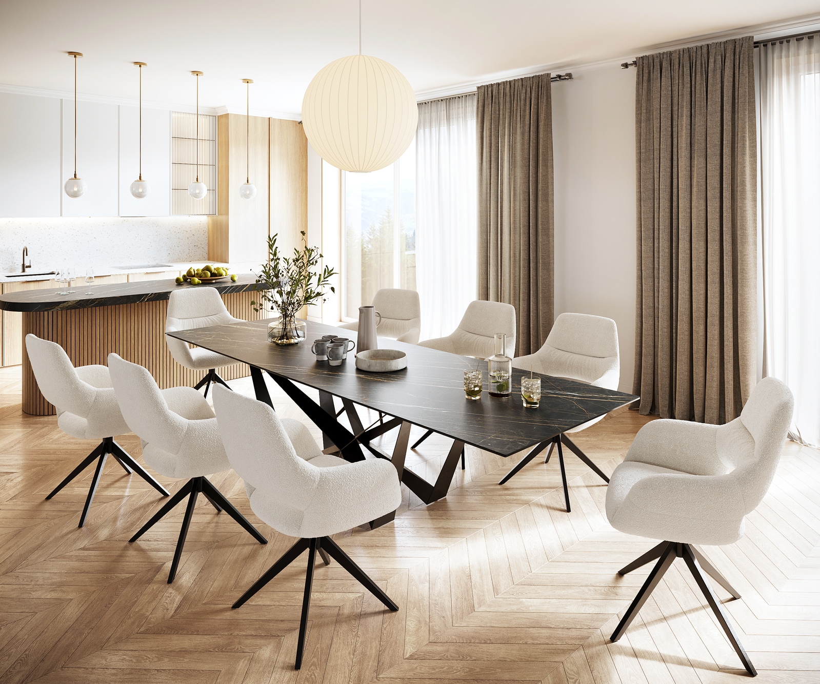 Table-à-manger Edge 300x100cm Laminam® céramique marron pieds milieu acier plat noir 6