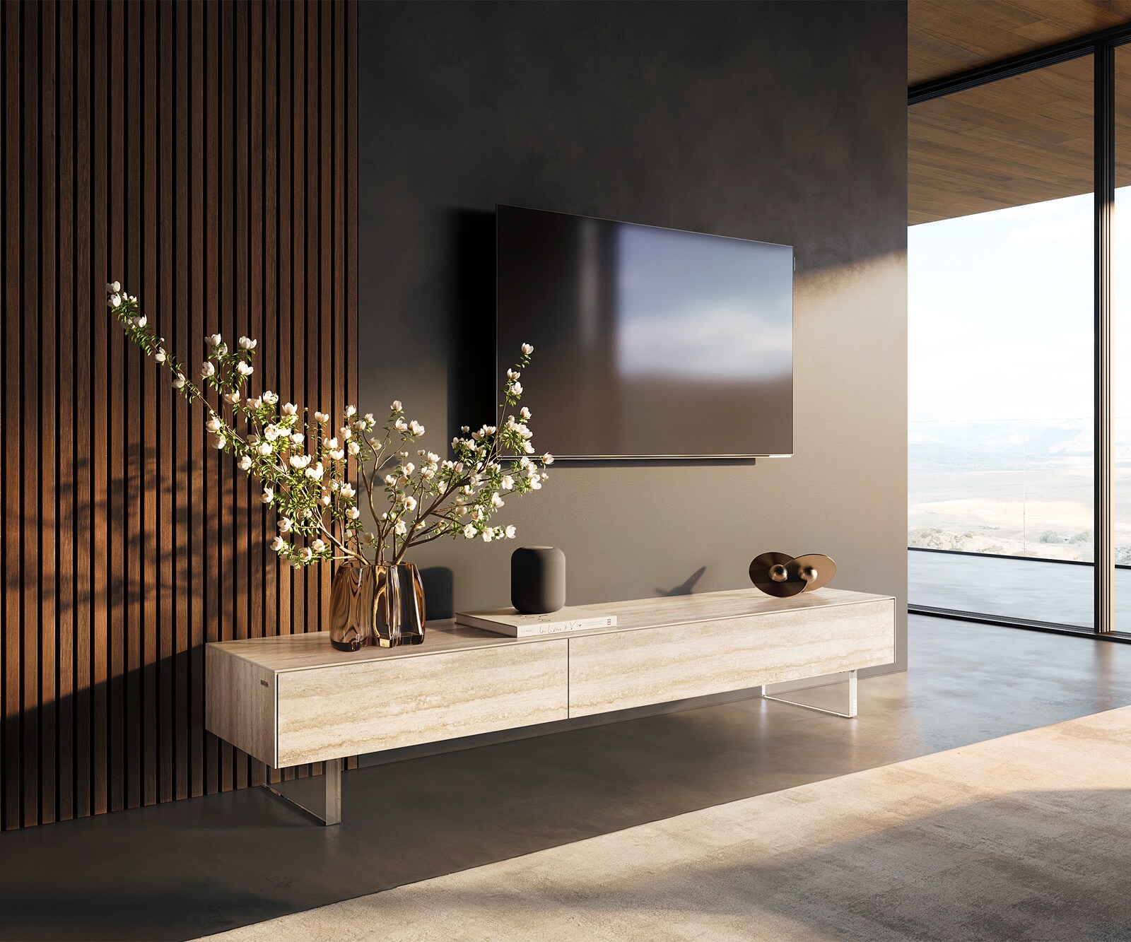 Meuble-TV Cuor 200 cm Céramique Laminam® Travertino Bianco Crème-blanc 1 Clapet 1 Tiroir Pied optique flottant Verre acrylique