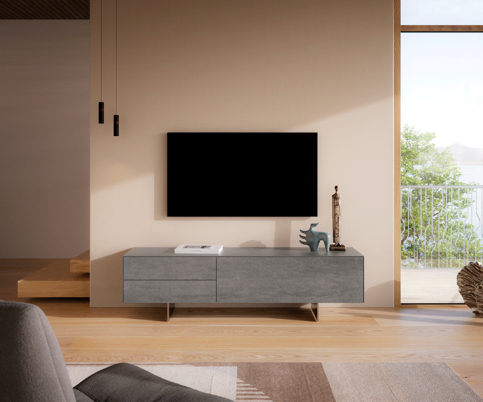 Meuble-TV Cuor 180 cm Céramique Béton gris 1 Clapet 2 Tiroirs Pied optique flottant Ancier inoxydable 2