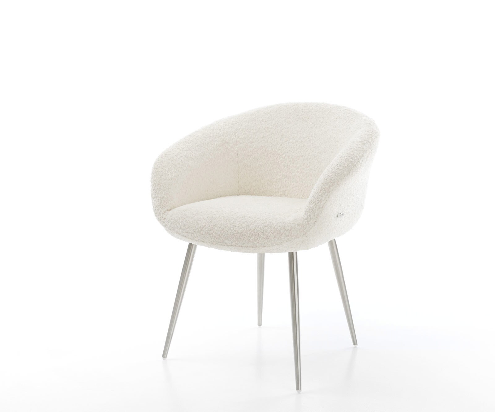 Chaise-de-salle-à-manger Vinka-Flex avec accoudoirs bouclé blanc 4 pieds coniques acier inoxydable brossé ressorts ensachés 1