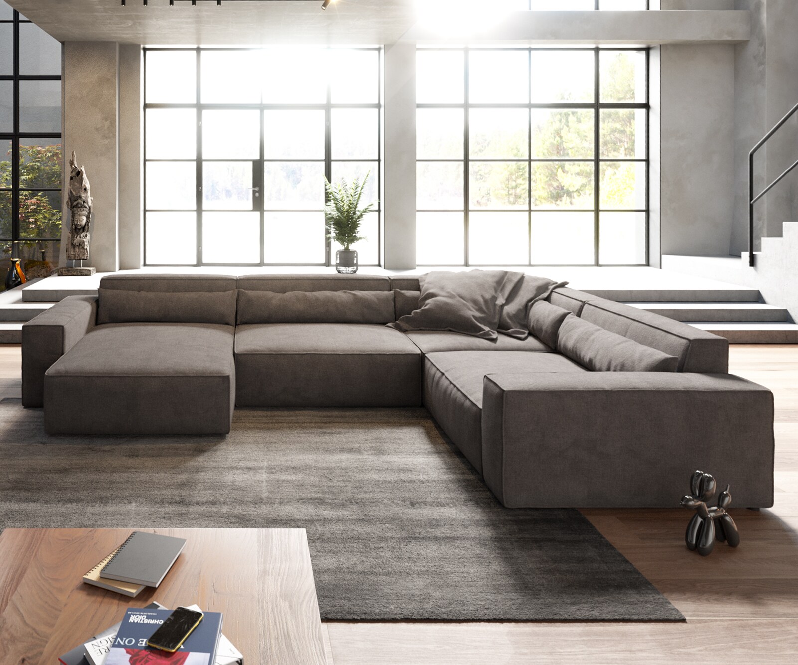 Canapé panoramique Sirpio XL 360x260 cm Microfibre Marron Kaki Recamiere variable 1
