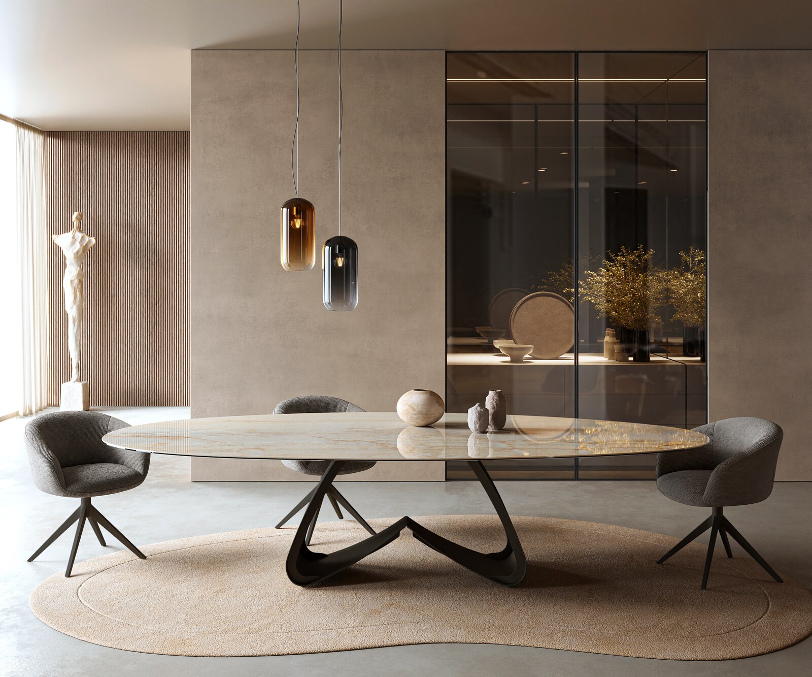 Table à manger Edge Oval 315x150 cm Céramique Iris FMG Onice Oro piètement en W Métal Noir 2