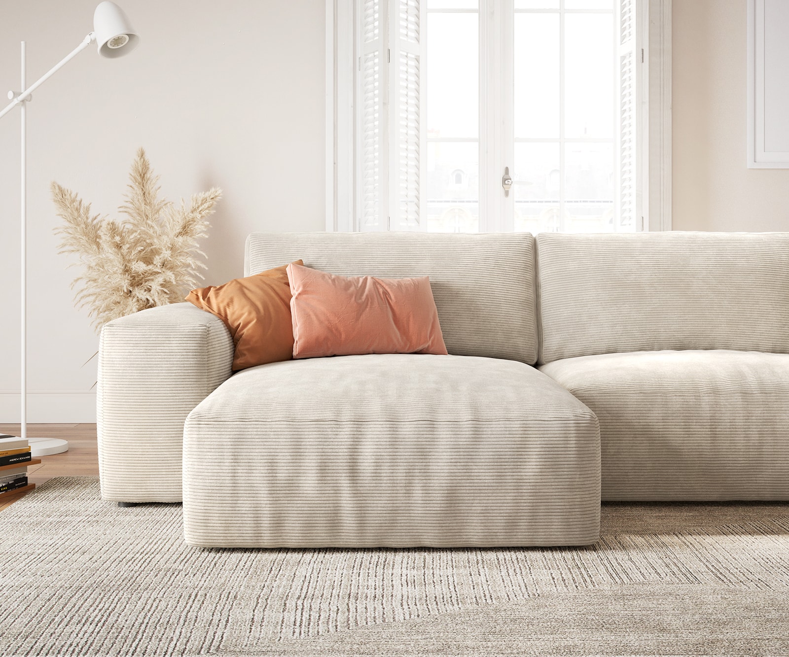 Canapé panoramique Lanzo XL 360x260 cm Velours côtelé Beige Recamière variable 5