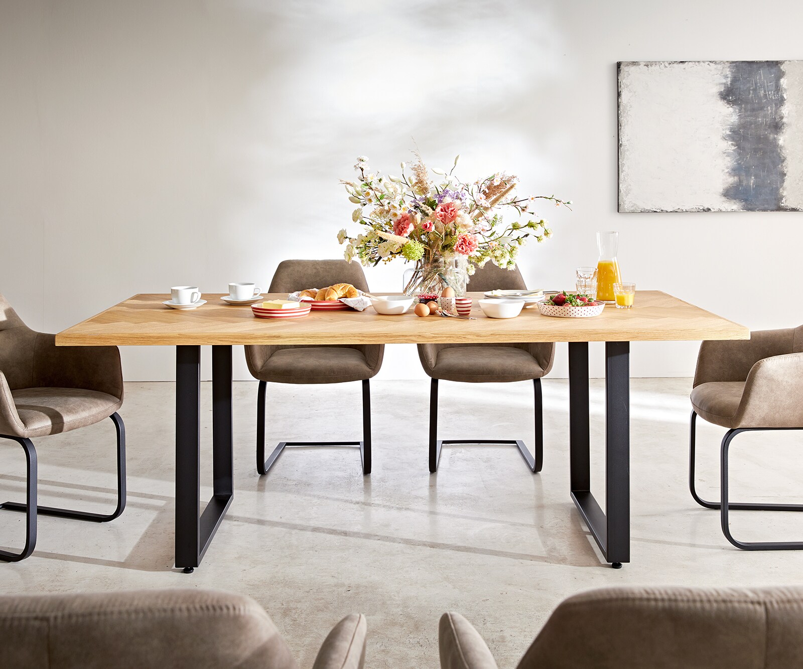 Table à manger Edge-pure 200x100 chêne nature Fishbone patin noir 4