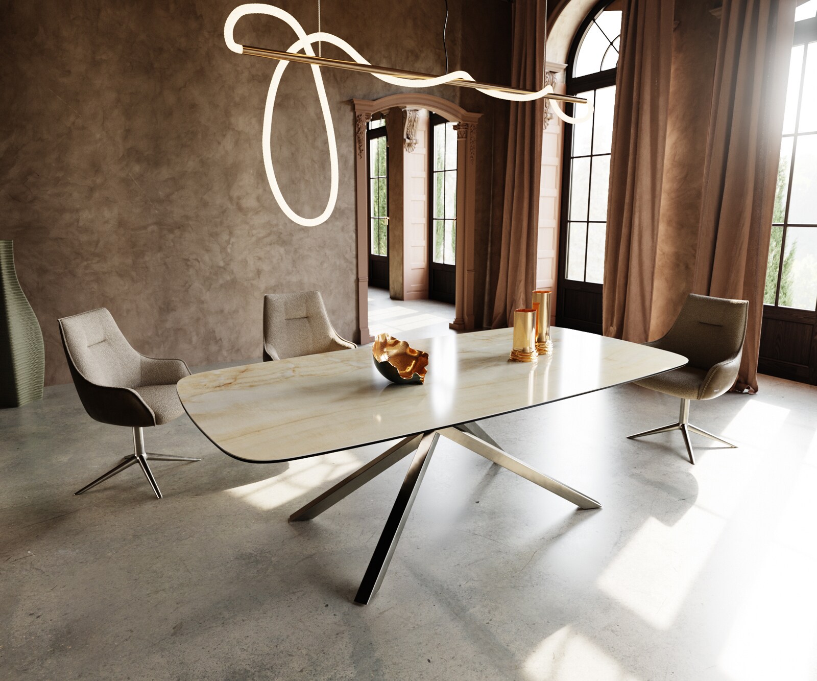 Table à manger Edge Boot 240x120 cm Céramique Iris FMG Onice Oro piètement en croix Rectangle Acier inoxydable 1