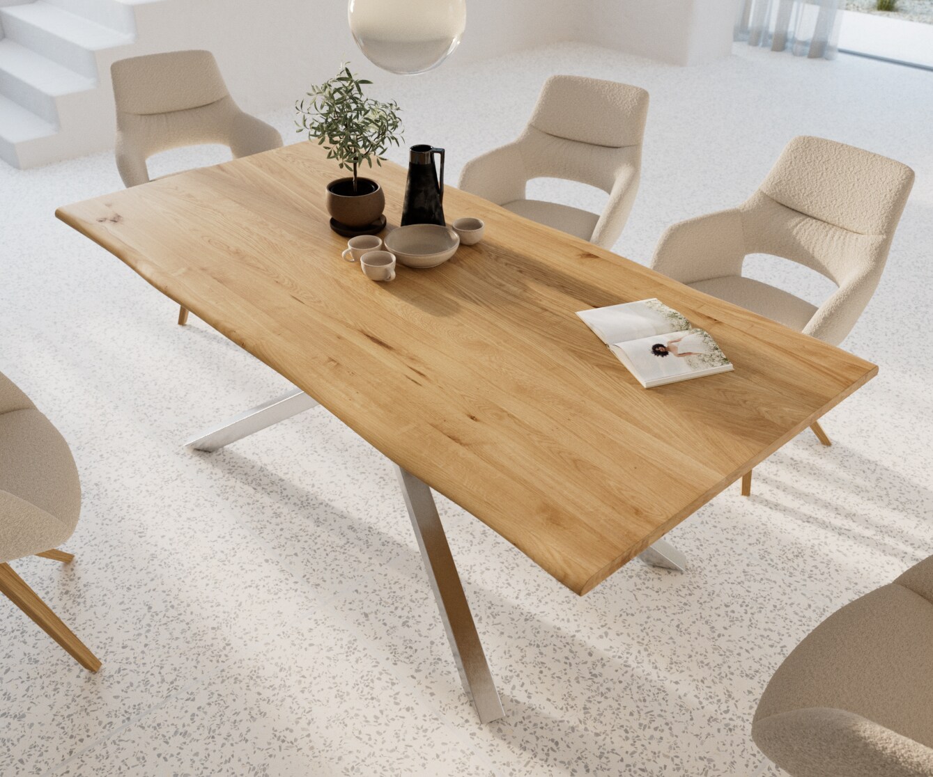Table à manger Edge 200x100x2,5-3 chêne nature cadre croisé rectangle acier inoxydable Live-Edge 3 Table à manger Edge 200x100x2,5-3 chêne nature cadre croisé rectangle acier inoxydable Live-Edge 3