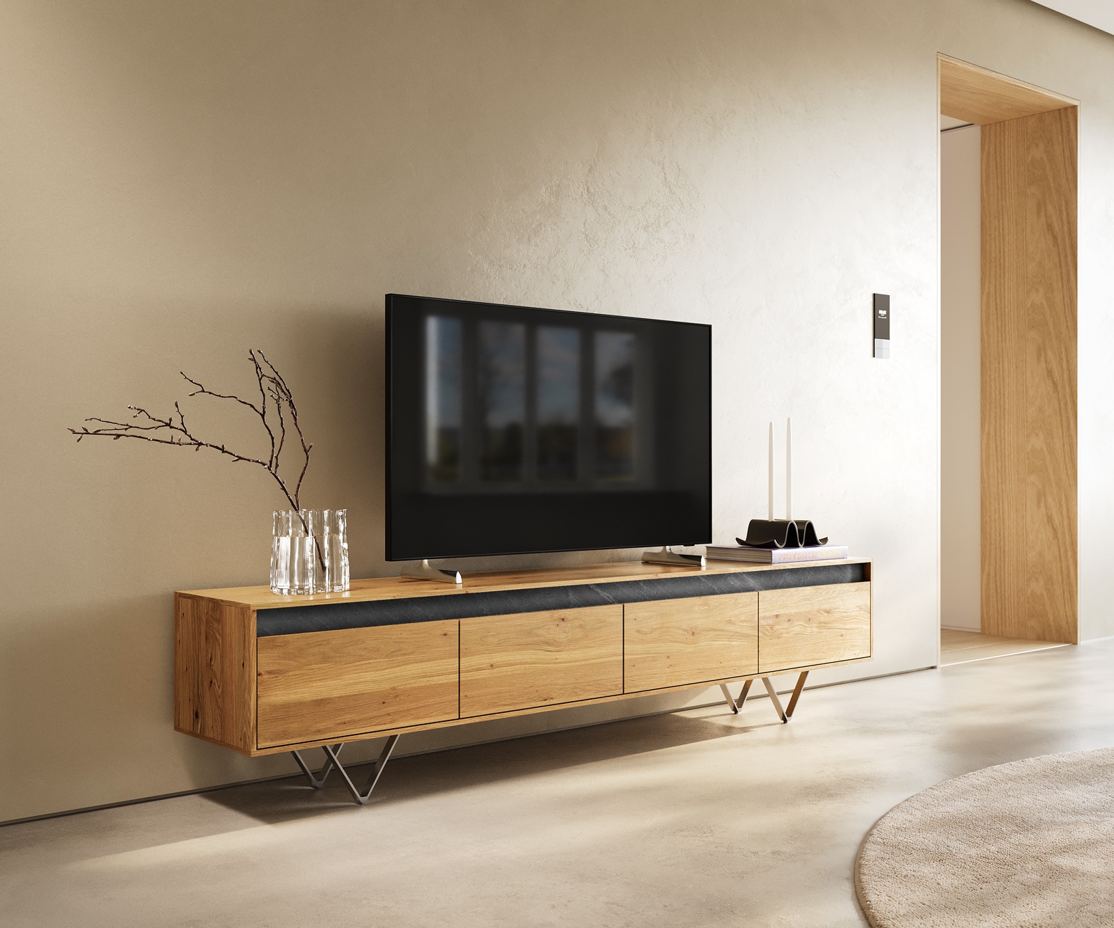 Meuble-TV design Stonegrace 200 cm chêne naturel ardoise 4 tiroirs pied en V inoxydable Meuble-TV design Stonegrace 200 cm chêne naturel ardoise 4 tiroirs pied en V inoxydable