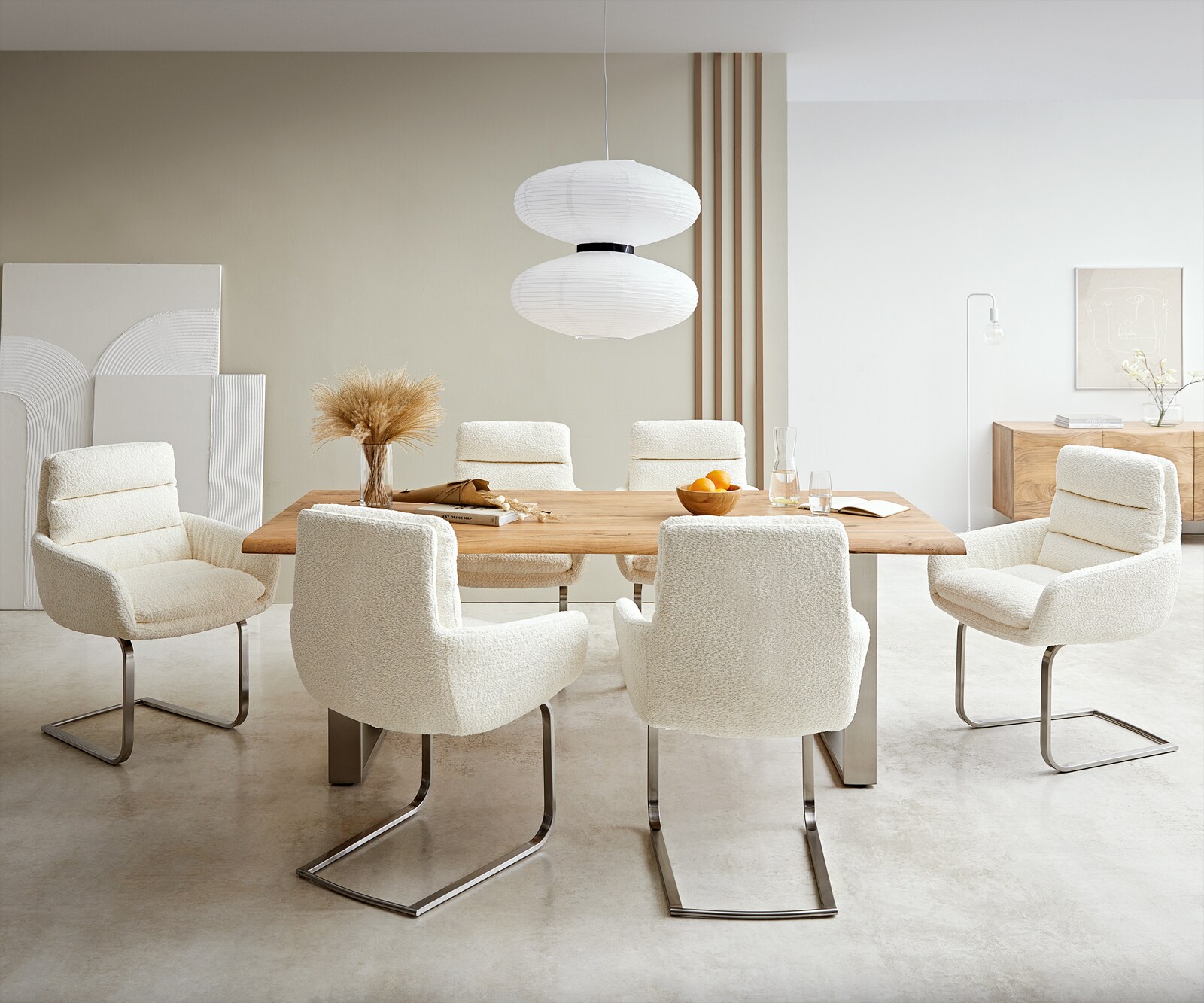 Cantilever Abelia-Flex avec accoudoirs bouclé blanc pied cantilever plat acier inoxydable brossé 3 Cantilever Abelia-Flex avec accoudoirs bouclé blanc pied cantilever plat acier inoxydable brossé 3