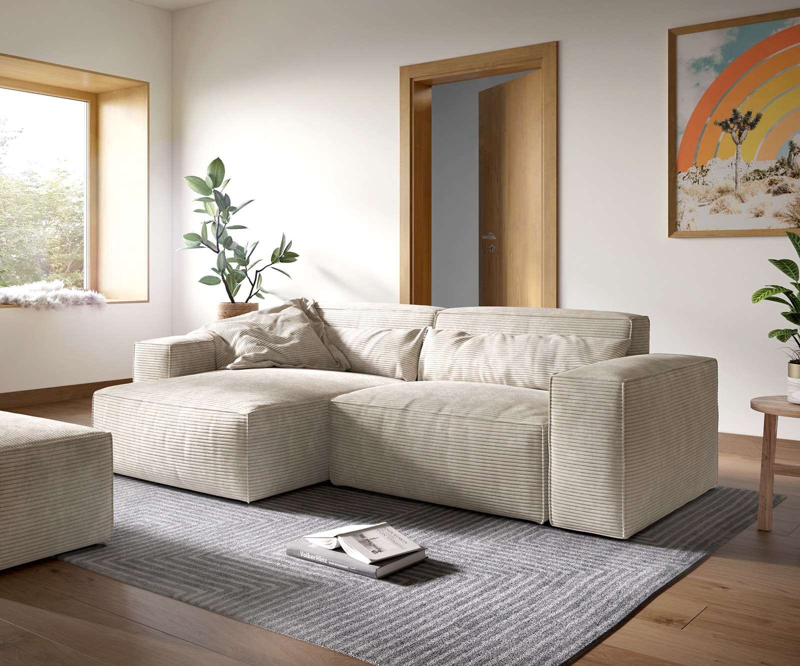 Canapé d'angle Sirpio XL 270x170 cm Velours côtelé Beige Recamiere variable avec Tabouret Canapé d'angle Sirpio XL 270x170 cm Velours côtelé Beige Recamiere variable avec Tabouret