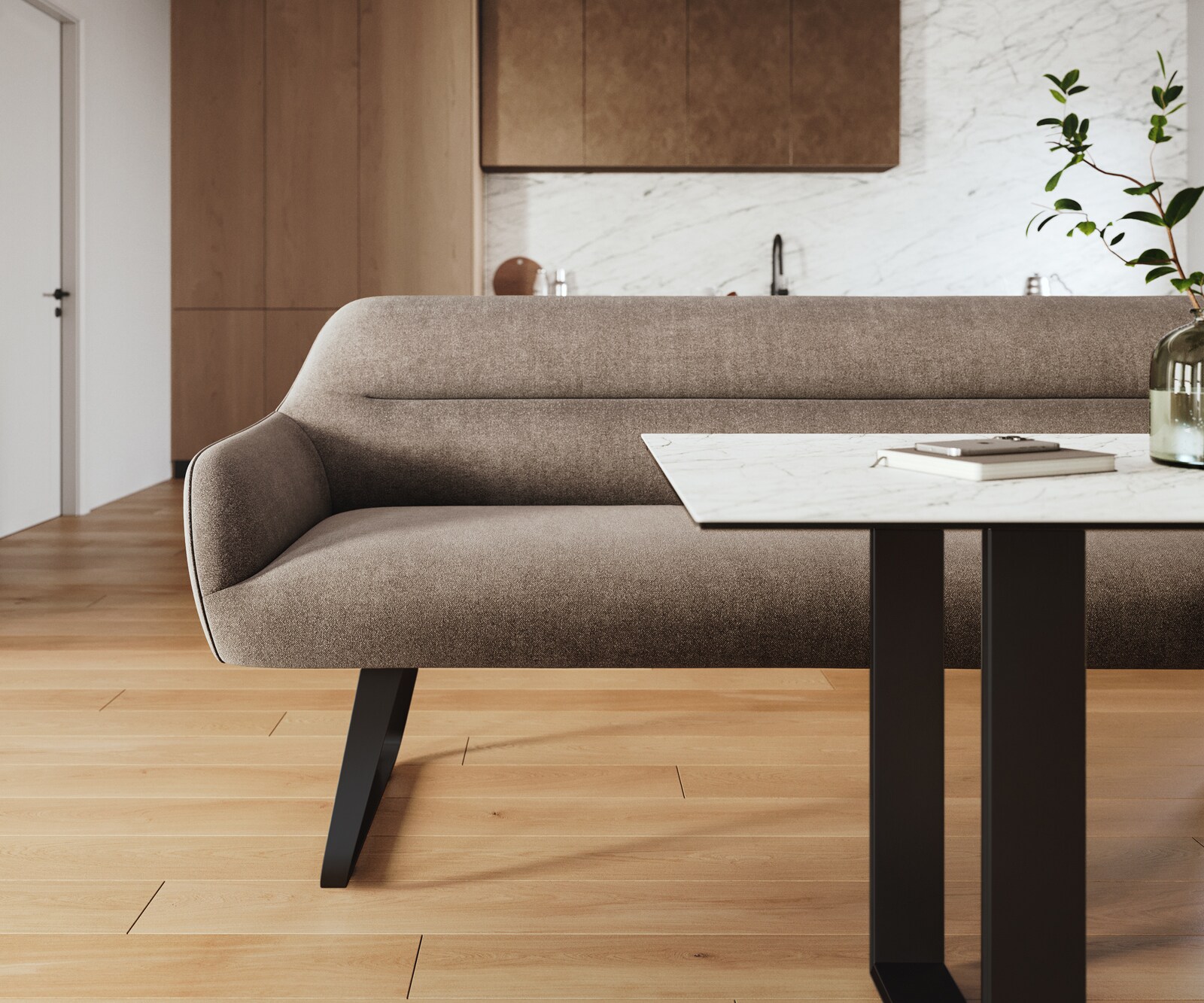 Banc-de-salle-à-manger Taya-Flex 200 cm tissu structuré doux taupe châssis à patins plat noir ressort ensaché 2