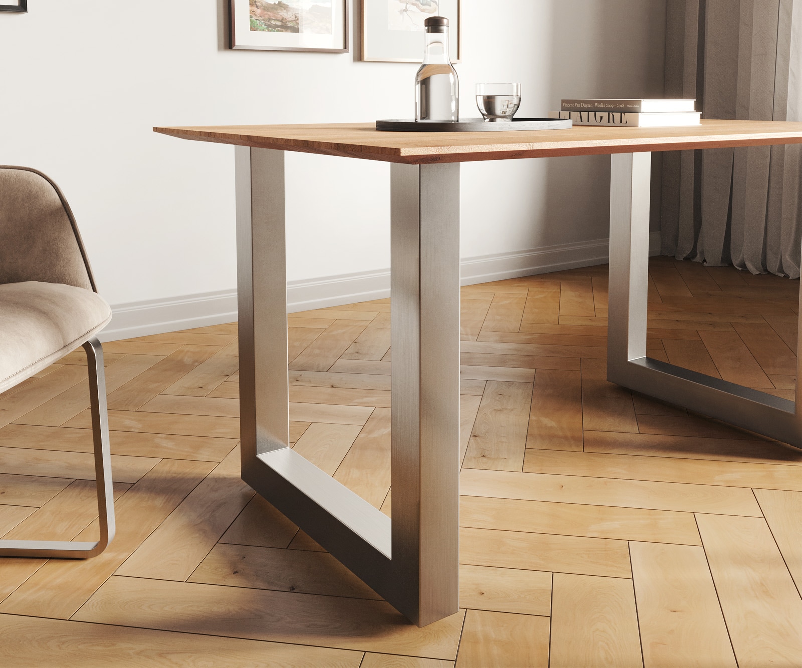 Table-à-manger Edge 140x90 acacia nature acier inoxydable large bord suisse 4 Table-à-manger Edge 140x90 acacia nature acier inoxydable large bord suisse 4