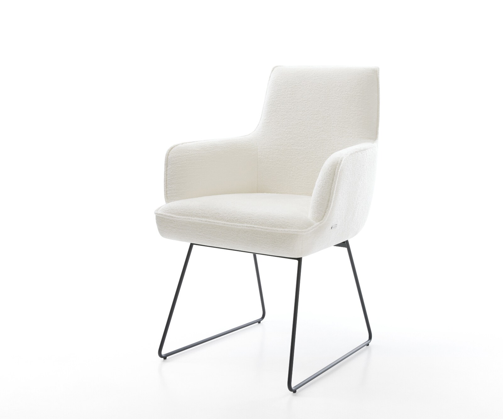 Chaise-de-salle-à-manger Heira-Flex avec accoudoirs bouclé doux beige pied trapèze noir resorts ensachés 1