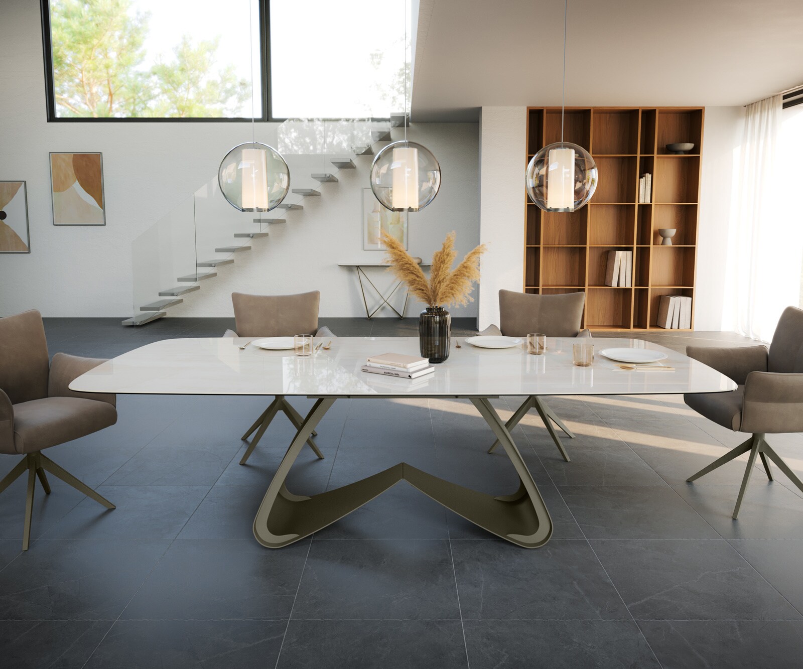 Table à manger Edge Boot 260x120 cm Céramique Onyx Champagne piètement en W Métal Finition effet Titan 2
