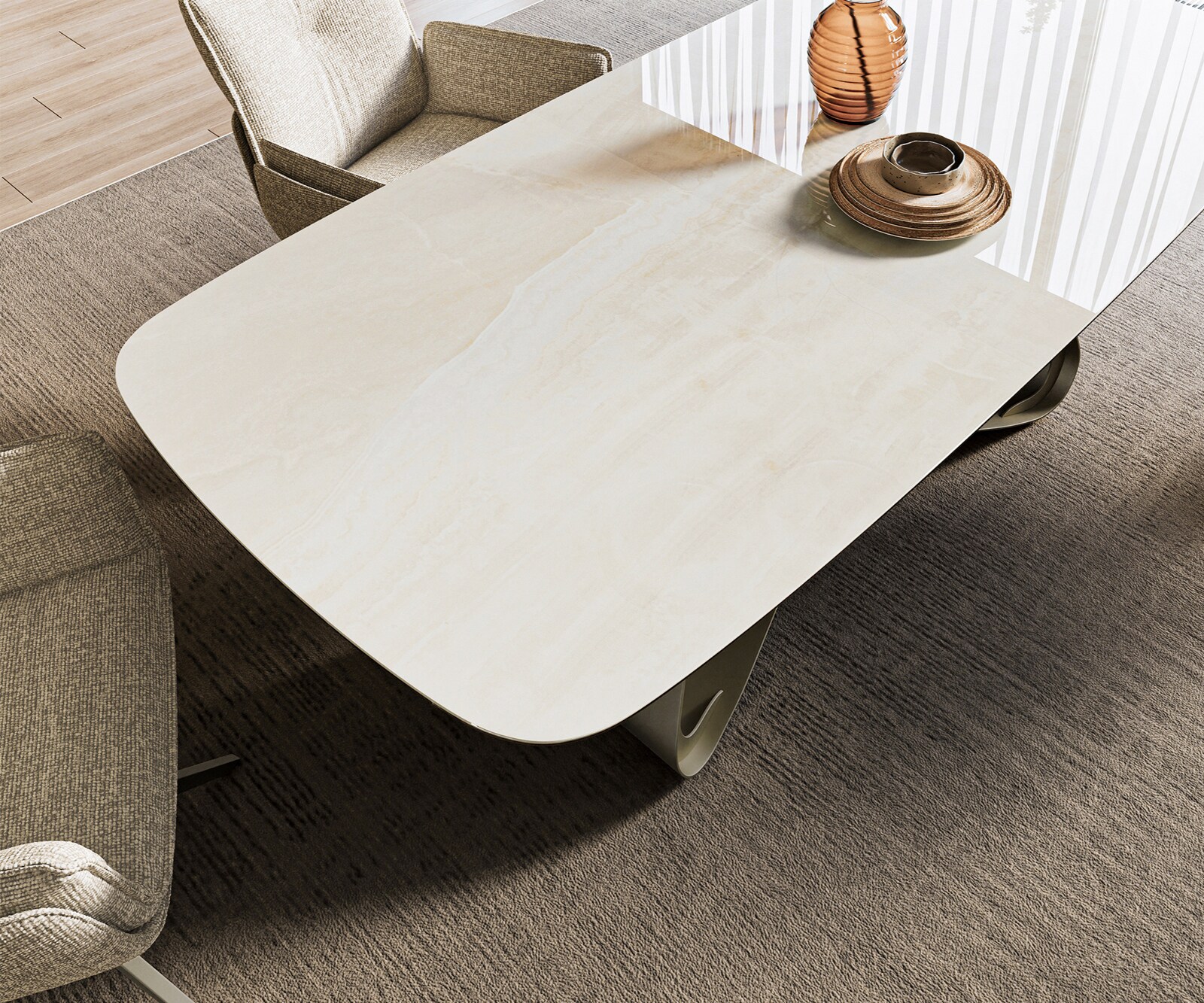 Table à manger Edge bateau 200x100 cm céramique Onyx Champagne piètement en W métal finition effet titane 4