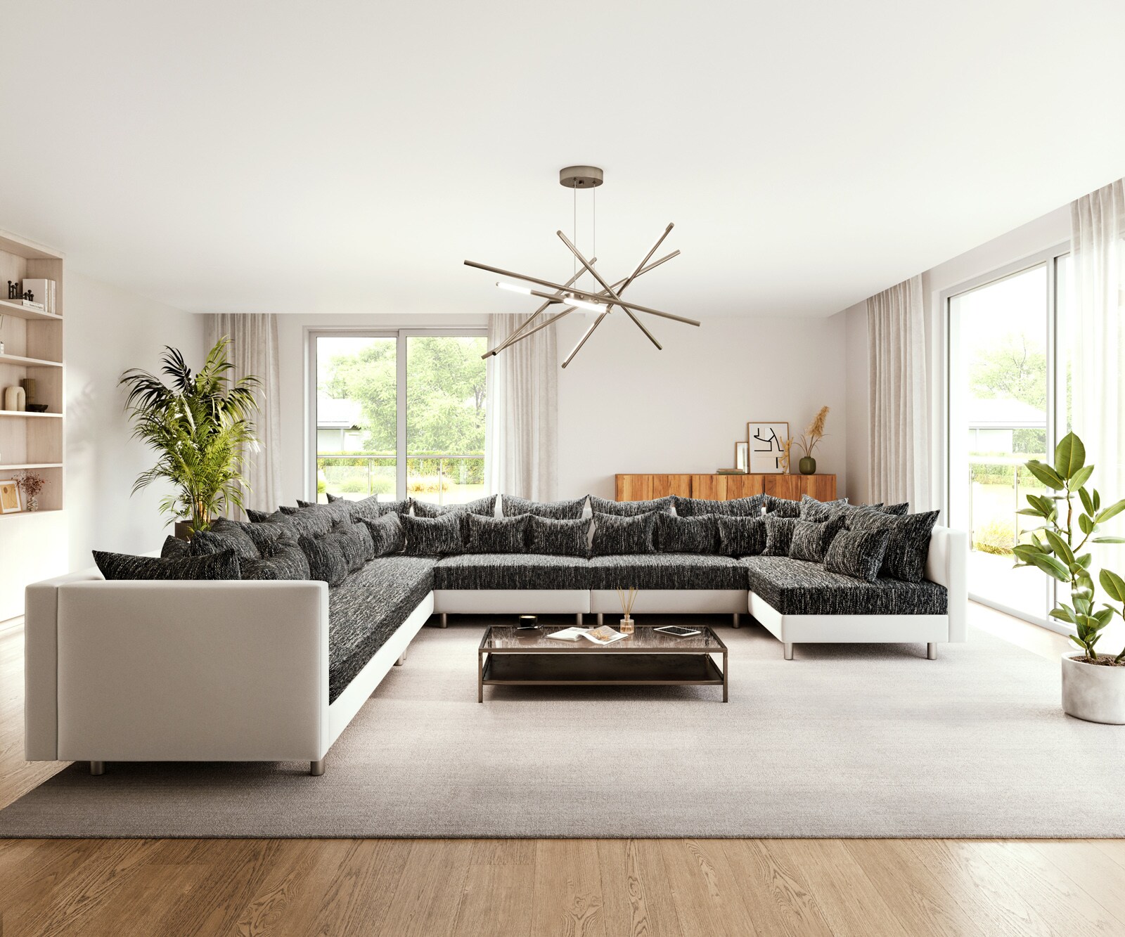 Canapé Panoramique Clovis XXL blanc noir pouf gauche 1